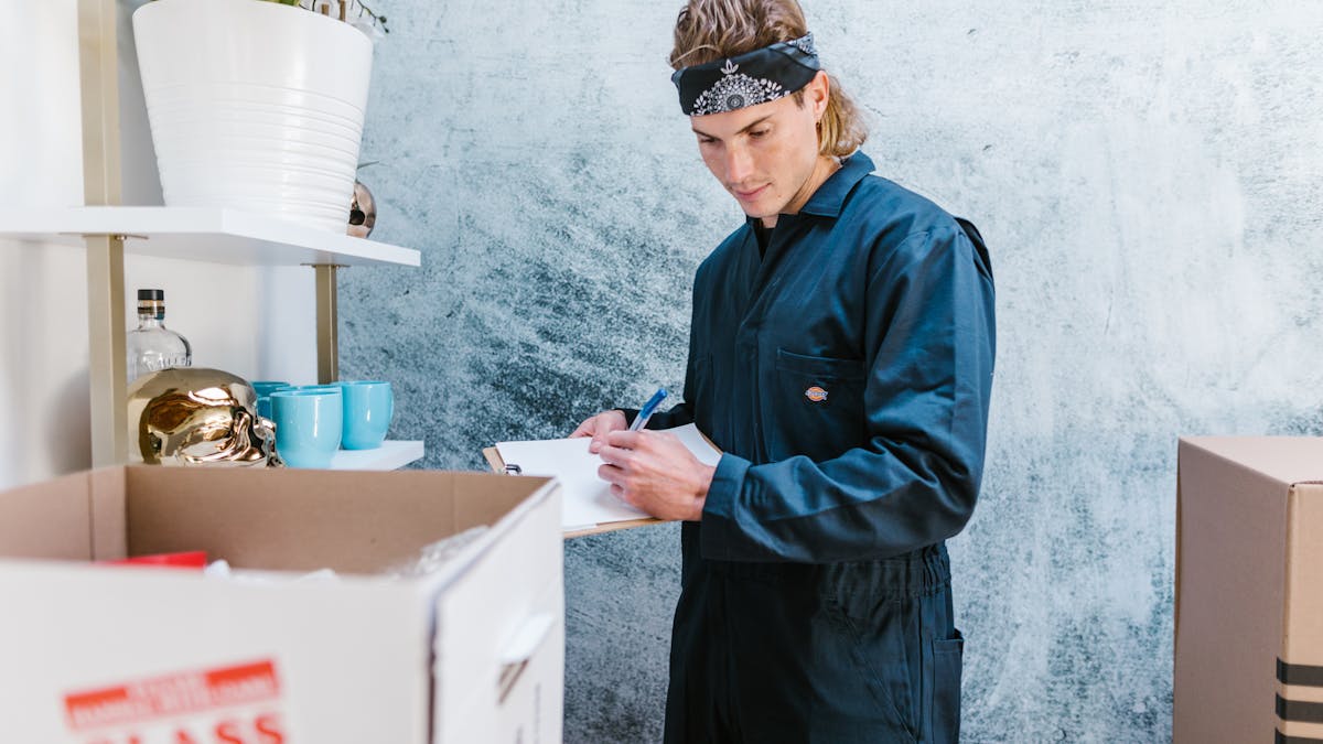 A professional mover filling out a packing checklist next to stacked moving boxes.