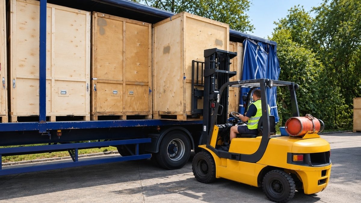 unloading large wooden crates